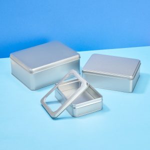 Large Silver Rectangular Tin with Either a Traditional or Window Lid